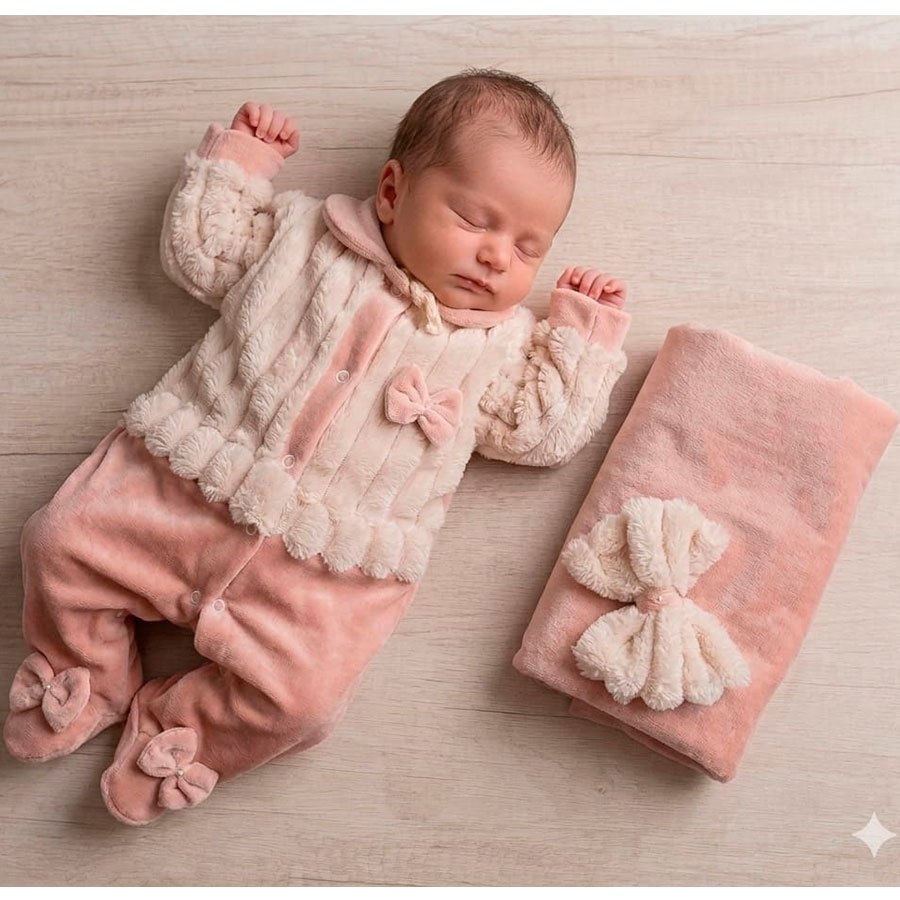 Saida de Maternidade Bebê Menina Plush Inverno Sintonia Alice Rosê com Manta em Oferta na Shopee