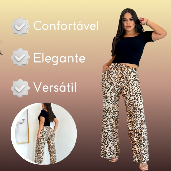 Calça Pantalona Feminina Viscolycra Animal Print Confortável Solta Cintura Alta Estampada Tendência