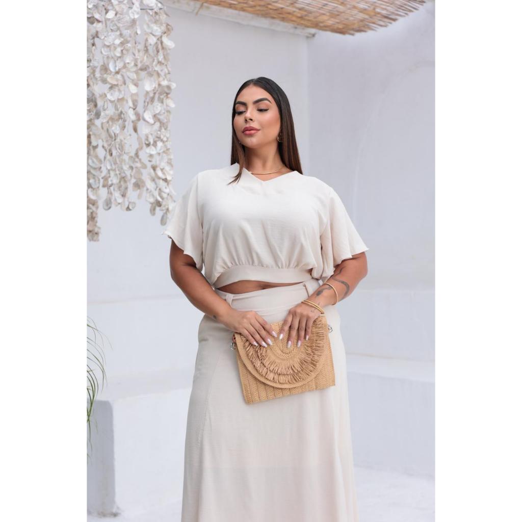 Conjunto Saia Longa Cintura Alta Blusa Plus Size Tecido Viscolycra Premium frontal V