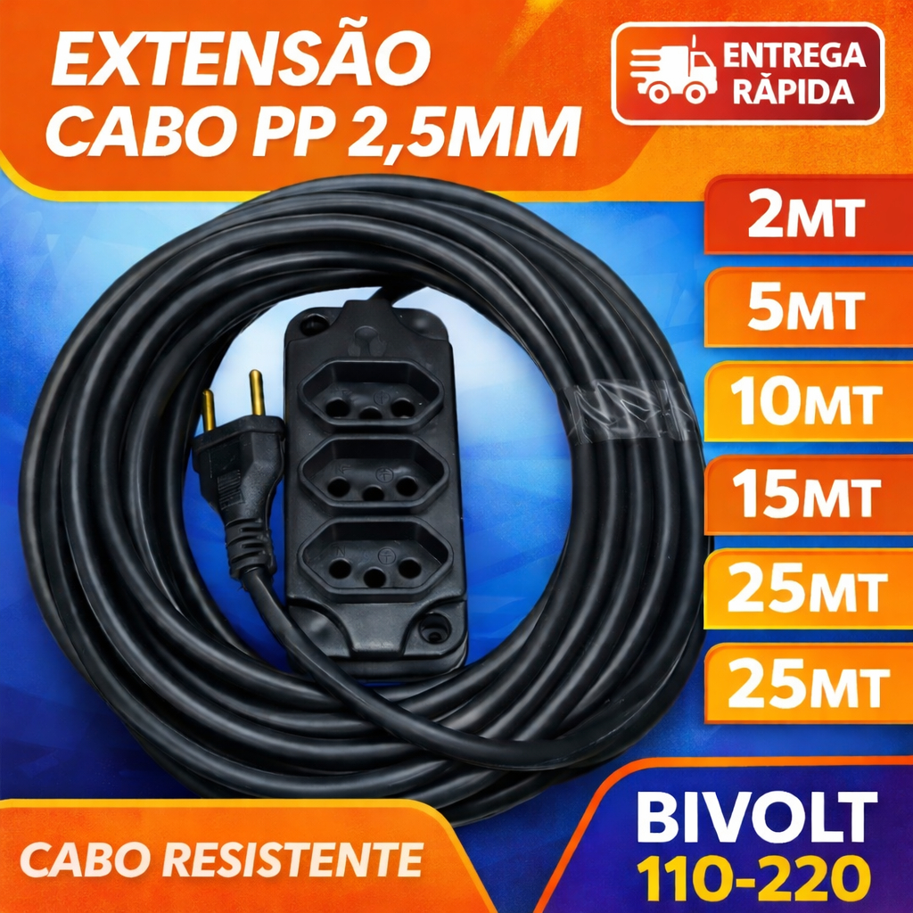Extensão Cabo PP Reforçada Industrial Cabo 2,5 Grosso e resistente  5/10/15/20 Metros em Oferta na Shopee