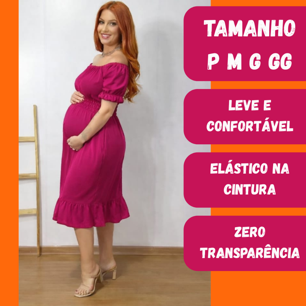 Vestido Midi Gestante Soltinho Grávida Moda Maternidade Estica Na Gravidez Elástico na Cintura