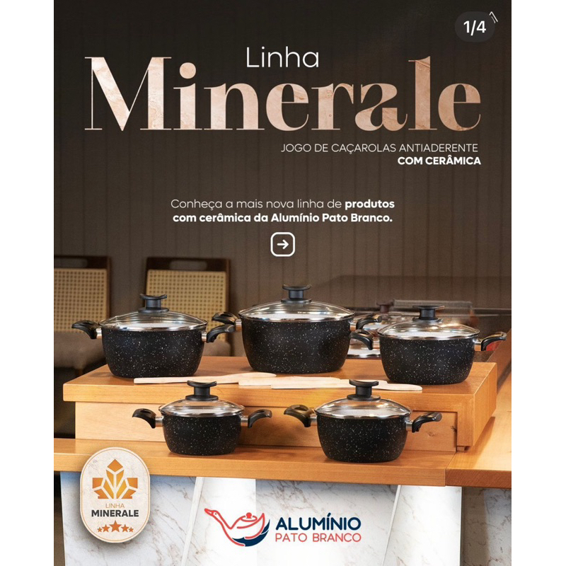 Kit Jogo Panelas Caçarolas Cerâmica Minerale 5 Peças 7 Camadas Antiaderente Pato Branco Tampa Vidro