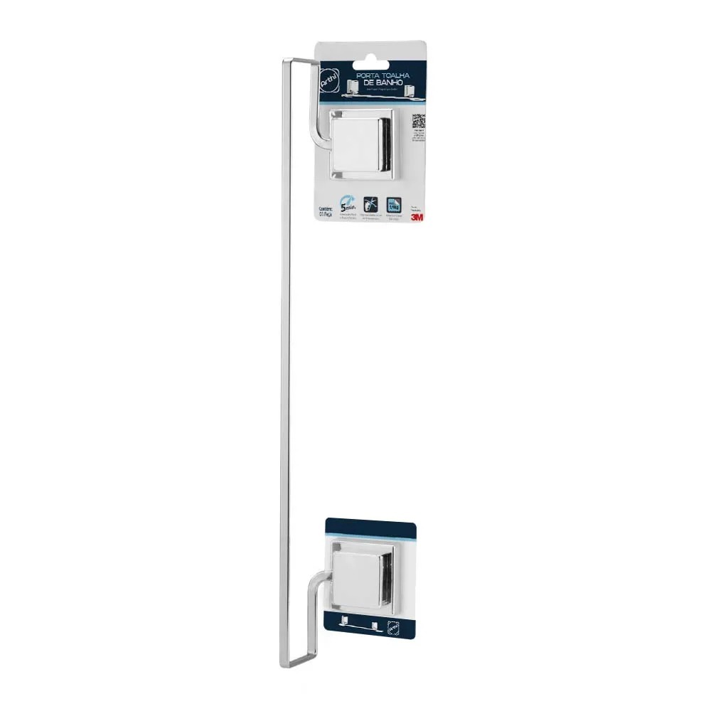Porta Toalha de Banho Cromado 50cm Arthi – Suporte de Parede com Fita Adesiva 3M, Instalação Sem Furos para Banheiro