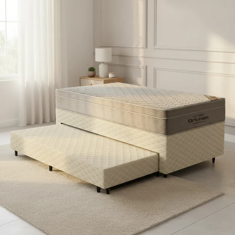 Cama Box + Colchao de Molas Ensacadas Ortobom AirTech SpringPocket + Auxiliar Espuma Solteiro 88cm