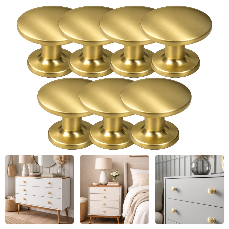 Kit Com 7 Puxador Dourado Escovado Fosco 24mm Botão Redondo Gaveteiros Móveis
