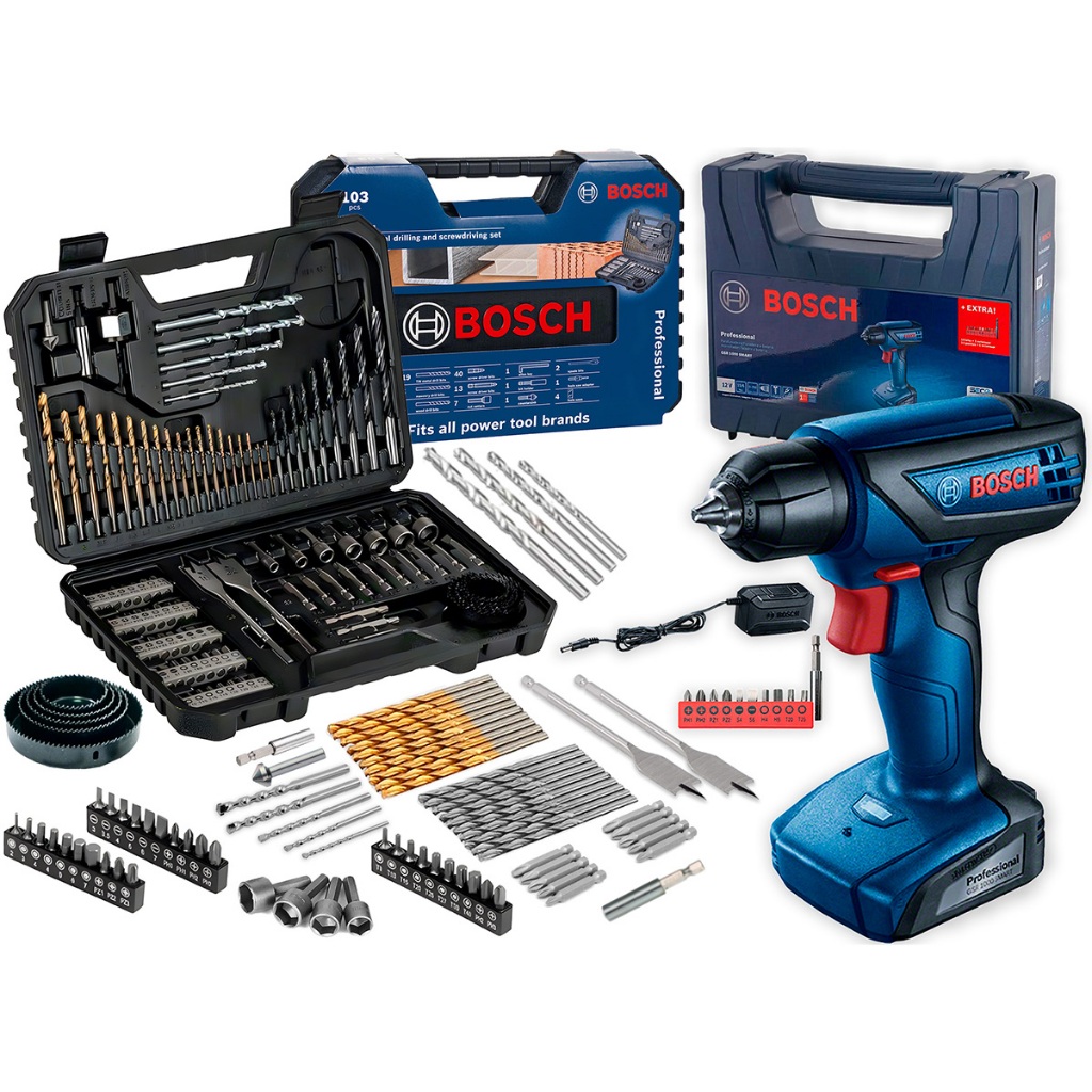 Furadeira Parafusadeira Sem Fio De 6mm Bosch Gsr 1000 Smart C/ Maleta + Jogo Kit Pontas Brocas 103 Peças Bosch