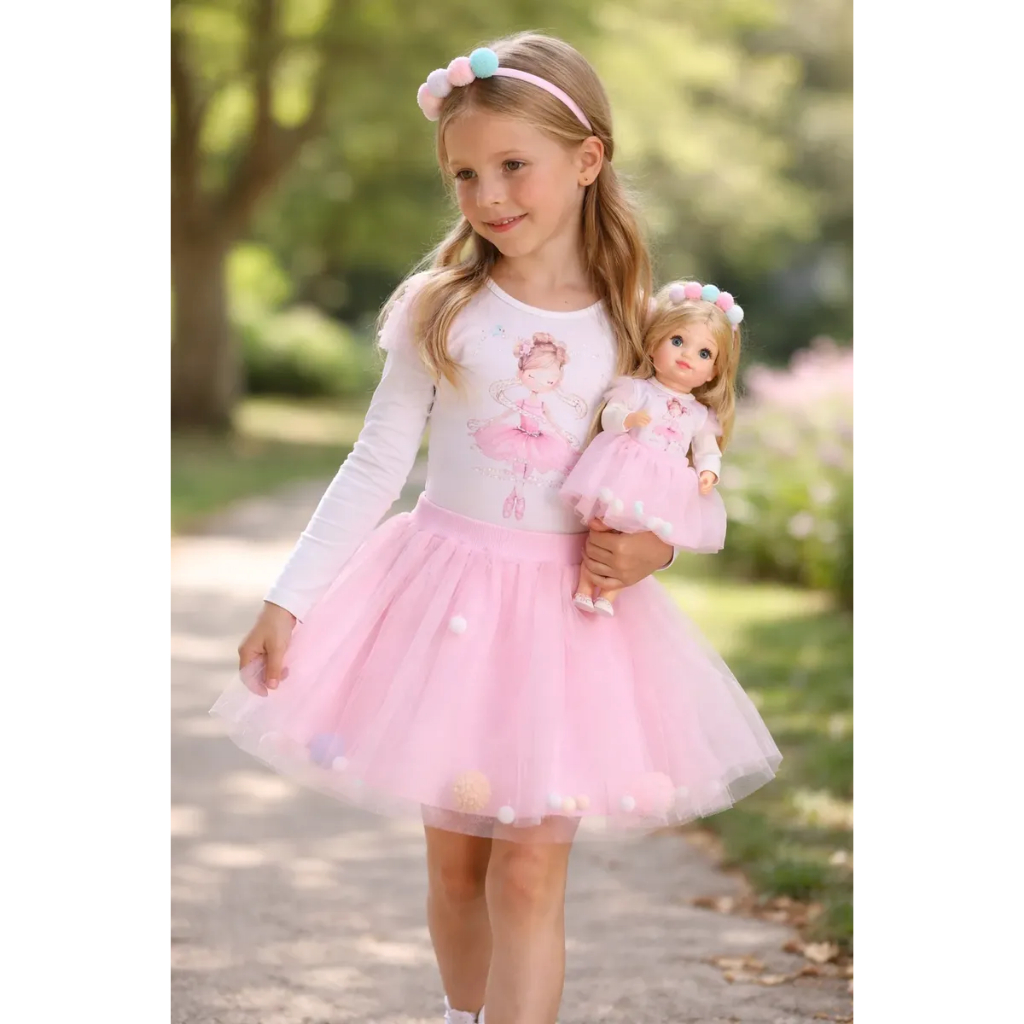 Conjunto Infantil Menina Blusa Manga Comprida com Saia Tutu (com Shorts embutido) + Roupa Boneca Igual