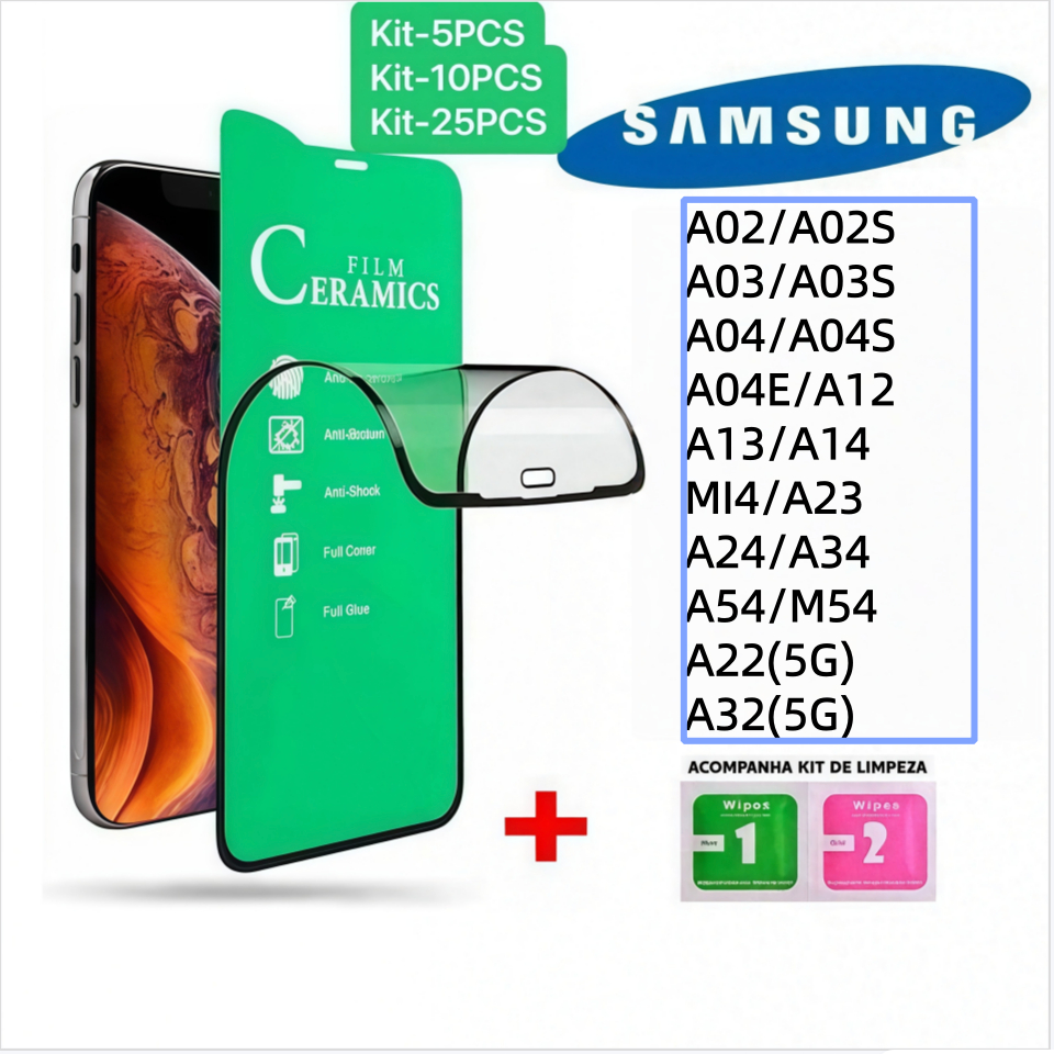 Kit com 5/10/25Pcs Pelicula Cerâmica 9D Para Samsung A02/A02S/A03/A03S/A04/A04S/A04E/A32(5G)A23/A24/A34/A54/M14/M54