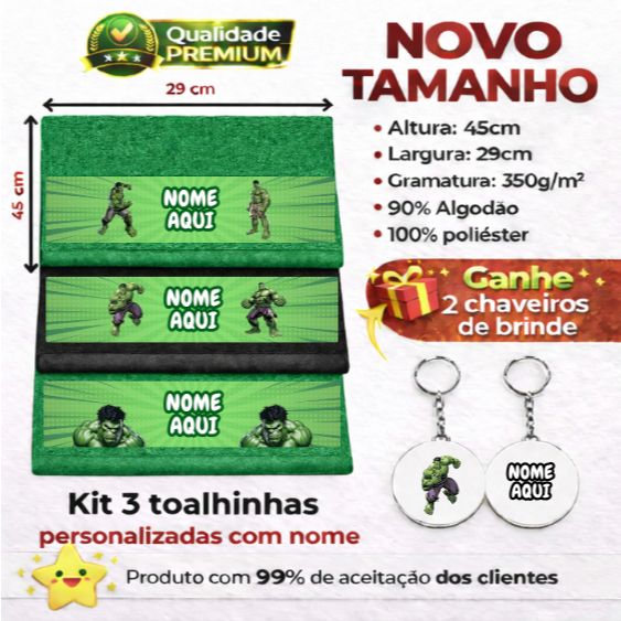 Hulk • Kit 3 Toalhinhas de Lavabo Personalizadas com Nome + 2 Chaveiros de Polímero em Oferta na Shopee