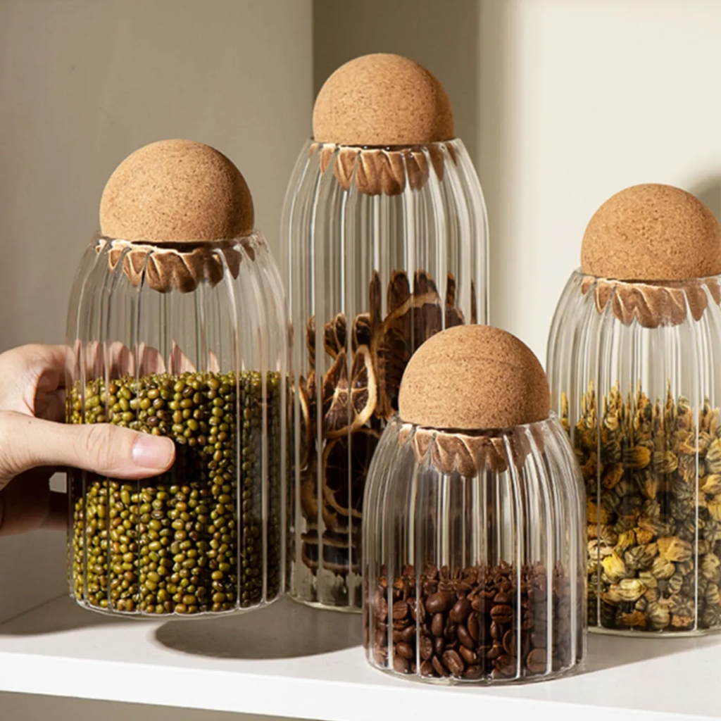 Pote de Vidro Tampa Bola Esfera Cortiça, Mantimentos Café Biscoitos Decoração Enfeite Vela Artesanal