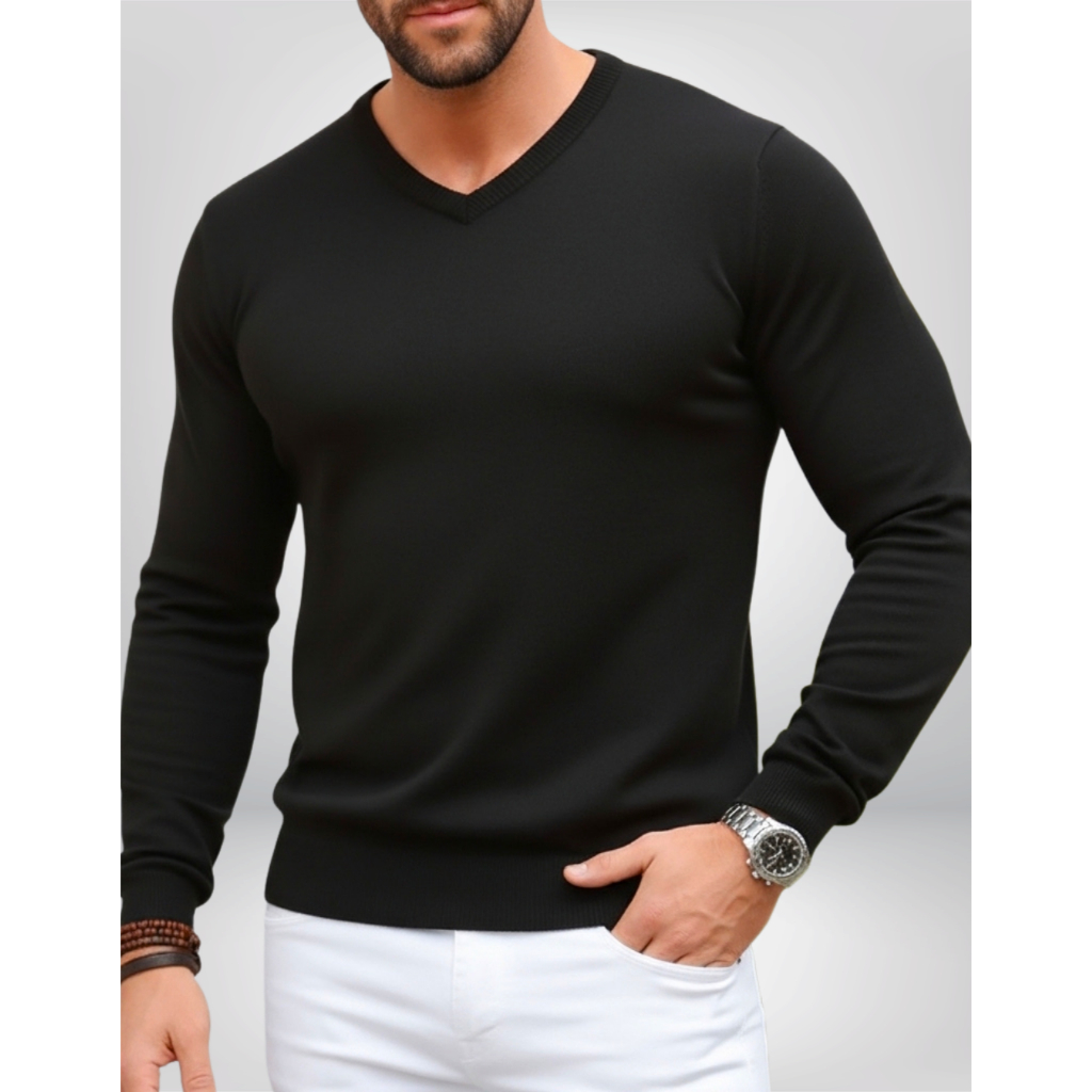 Blusa Sueter Gola V Tricot Masculino Básico Inverno Casaco Malha Premium Casual Elegante Liso