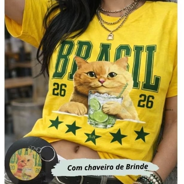 Blusa T-shirt Brasil + Brinde chaveiro, Camiseta Feminina do Brasil babylook copa 100% Algodão