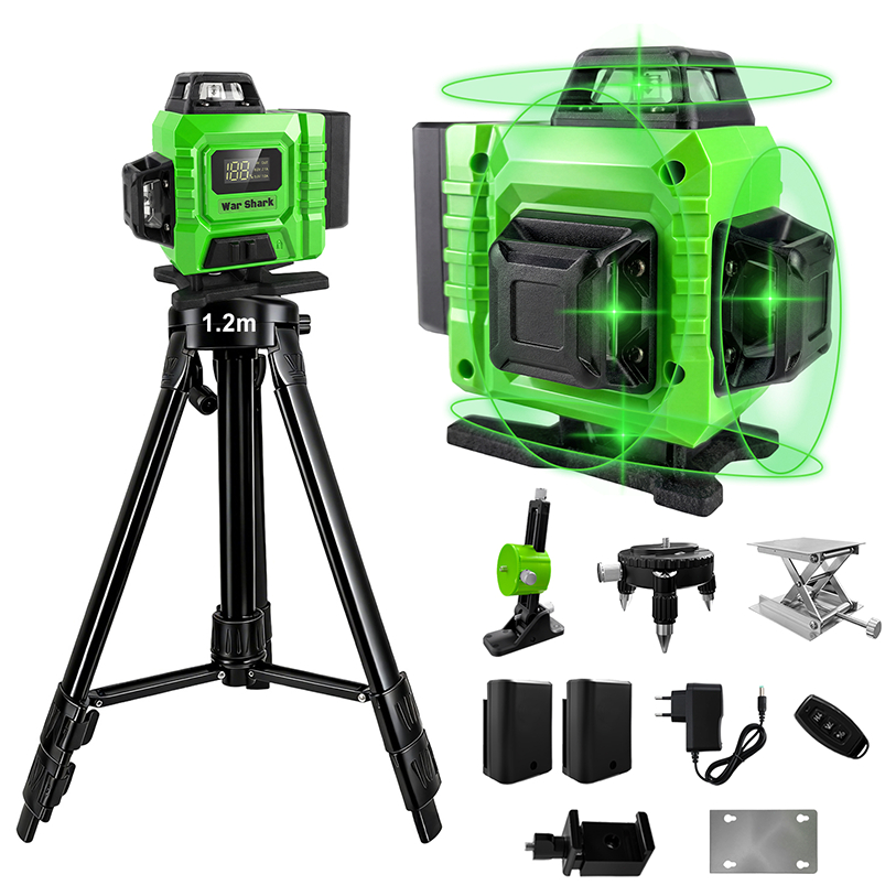 War Shark Nível Laser 16 Linhas Profissional  Verde Nível 360° Auto-Nivelante 4D + Tripé 1.2m + 40m + 4000mAh Baterias*2