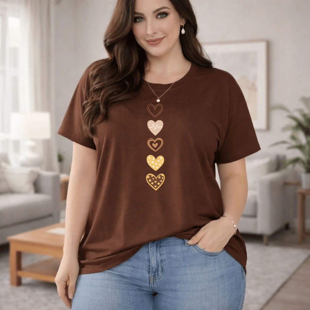 Camiseta Feminina Plus Sise Estampada Coraçãozinhos Blusa 100% Algodão em Oferta na Shopee