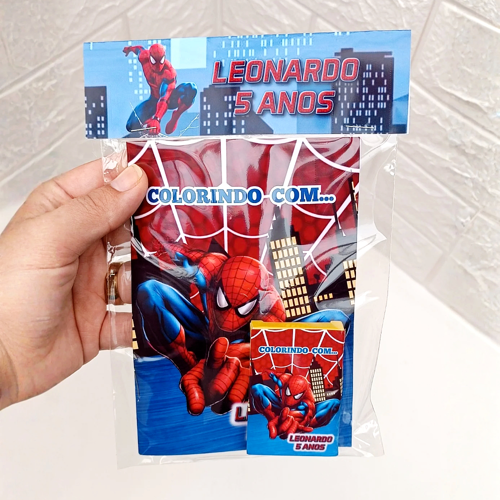 Mini Kit Colorir Personalizado | Lembrancinha Festa Infantil | Livrinho + Giz de cera | HOMEM ARANHA