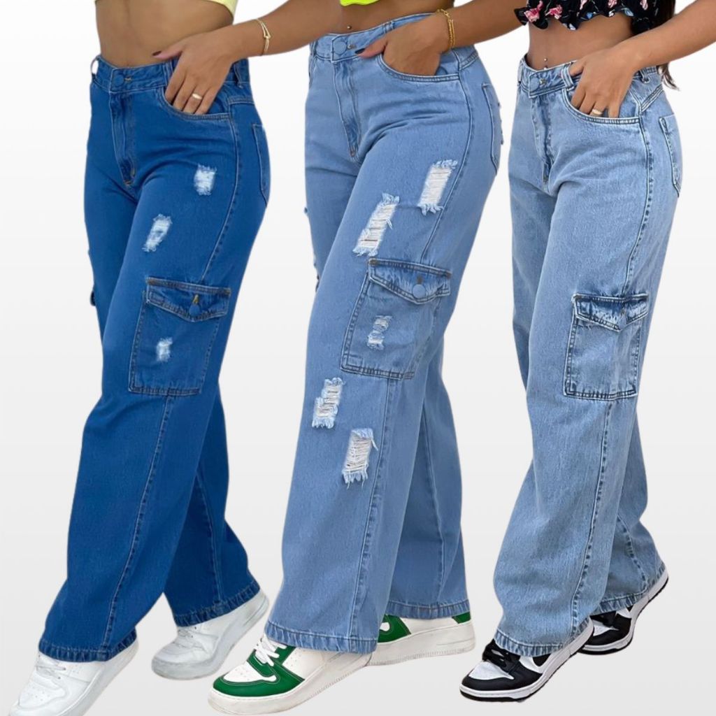 Calça Cargo Jeans Feminina Folgada Com Bolsos Rasgos (Premium) Na Moda