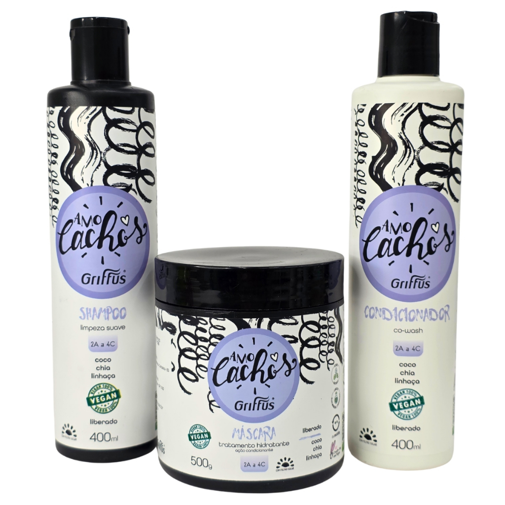 Kit Shampoo Baixo Poo + Condicionador Co-Wash + Máscara Coco, Chia e Linhaça 2A a 4C Vegano Amo Cachos Griffus em Oferta na Shopee
