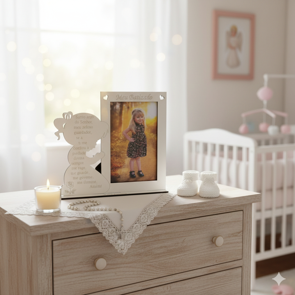 5 Mini Porta Retrato Menina oração santo anjo em mdf branco
