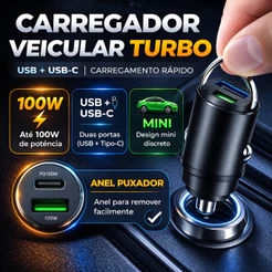Mini carregador veicular com porta USB e Tipo C. Automotivo/Carro. Encaixa em isqueiro.