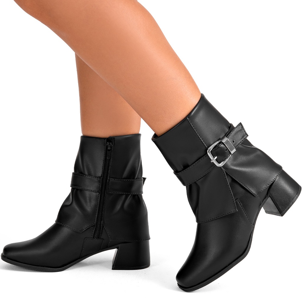 Bota Feminina Lumiss Bico Redondo Cano Baixo Salto Grosso Baixo Fivela Preto