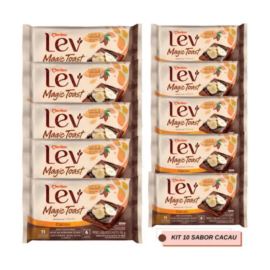 Kit C/10 Torrada Marilan Lev Magic Toast Cacau 110g Crocante Coffee Break Café da Manhã Baixa Gordura