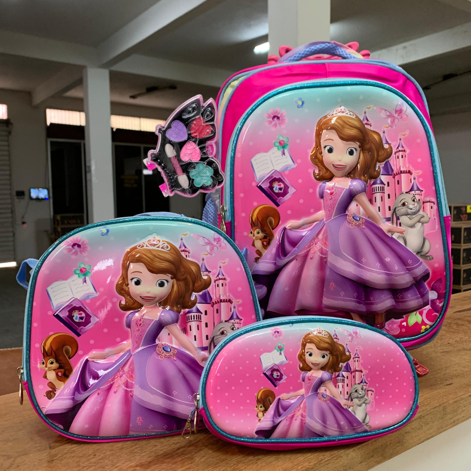 Kit Mochila Infantil Menina Escolar 3D  Princesa Sofia lancheira térmica e estojo com Rodinhas e Alça