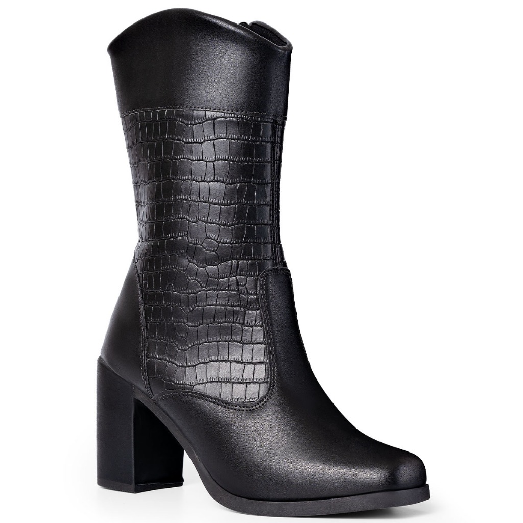Bota Feminina Lumiss Cano Médio Montaria Salto Bloco Grosso Confortável Croco