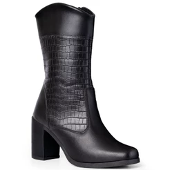 Bota Feminina Lumiss Cano Médio Montaria Salto Bloco Grosso Confortável Croco