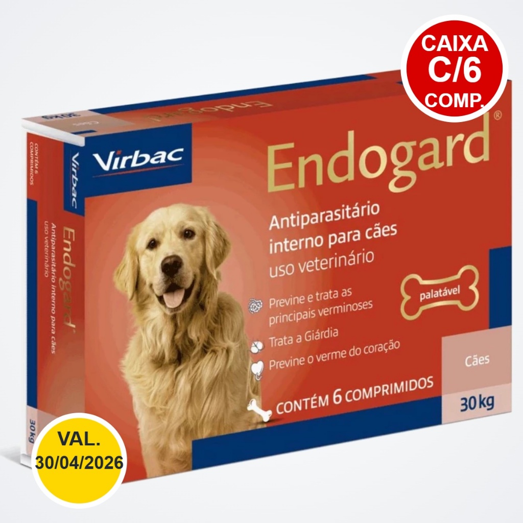 Endogard 30kg 6 Comprimidos - Vermífugo e Antiparasitário para Cães - Virbac em Oferta na Shopee