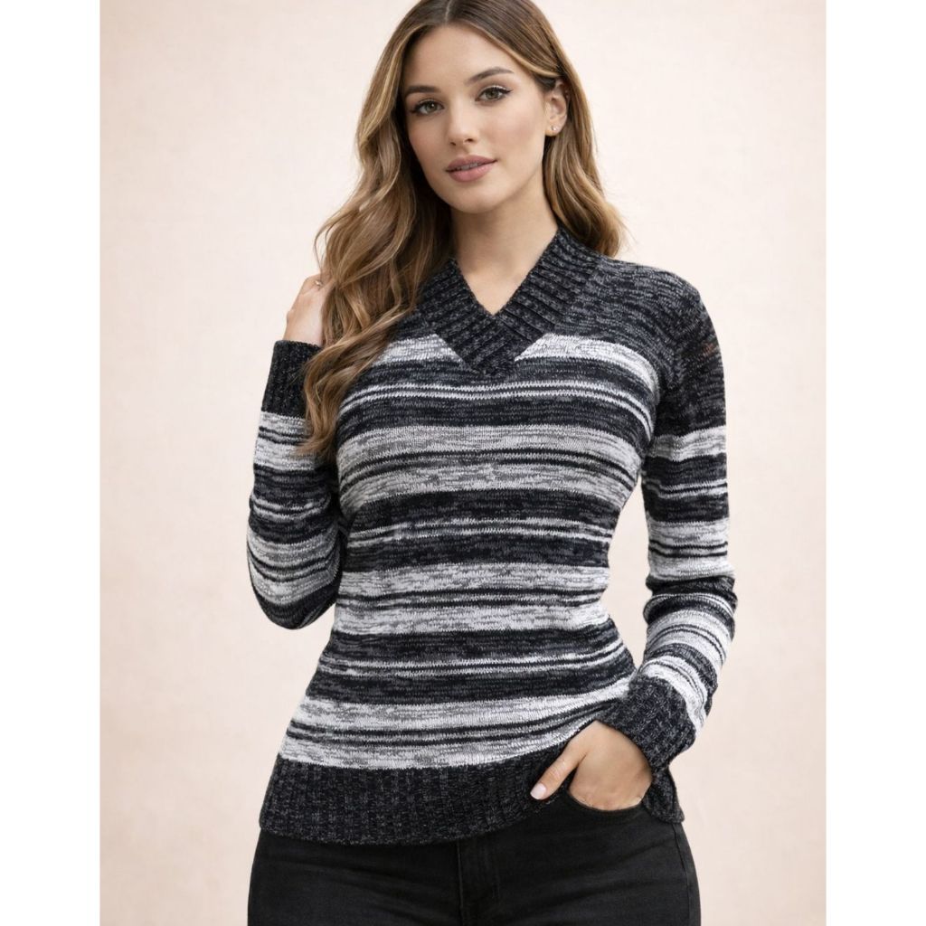 Blusa Feminina Tricot Manga Longa Inverno Elegante Listrada Moda Frio Suéter Feminino