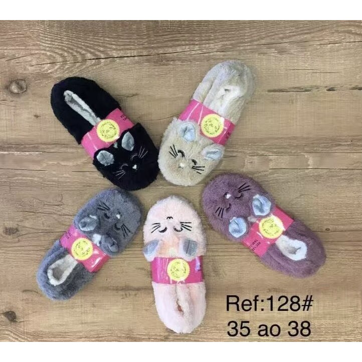 Pantufa de Gato Fofo de Pelúcia - Antiderrapante e Quente para Inverno