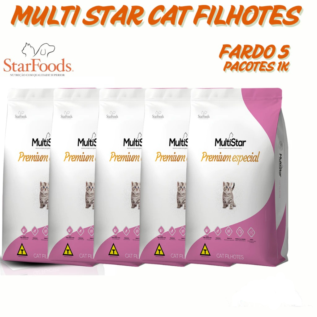 Ração Multi Star Cat Filhote Fardo 5pcts de 1k Premium Especial livre de corantes artificiais