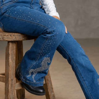 Calça Flare Feminina Jeans Meninas com Strass Cavalo Rodeio Boca de Sino Barra Larga
