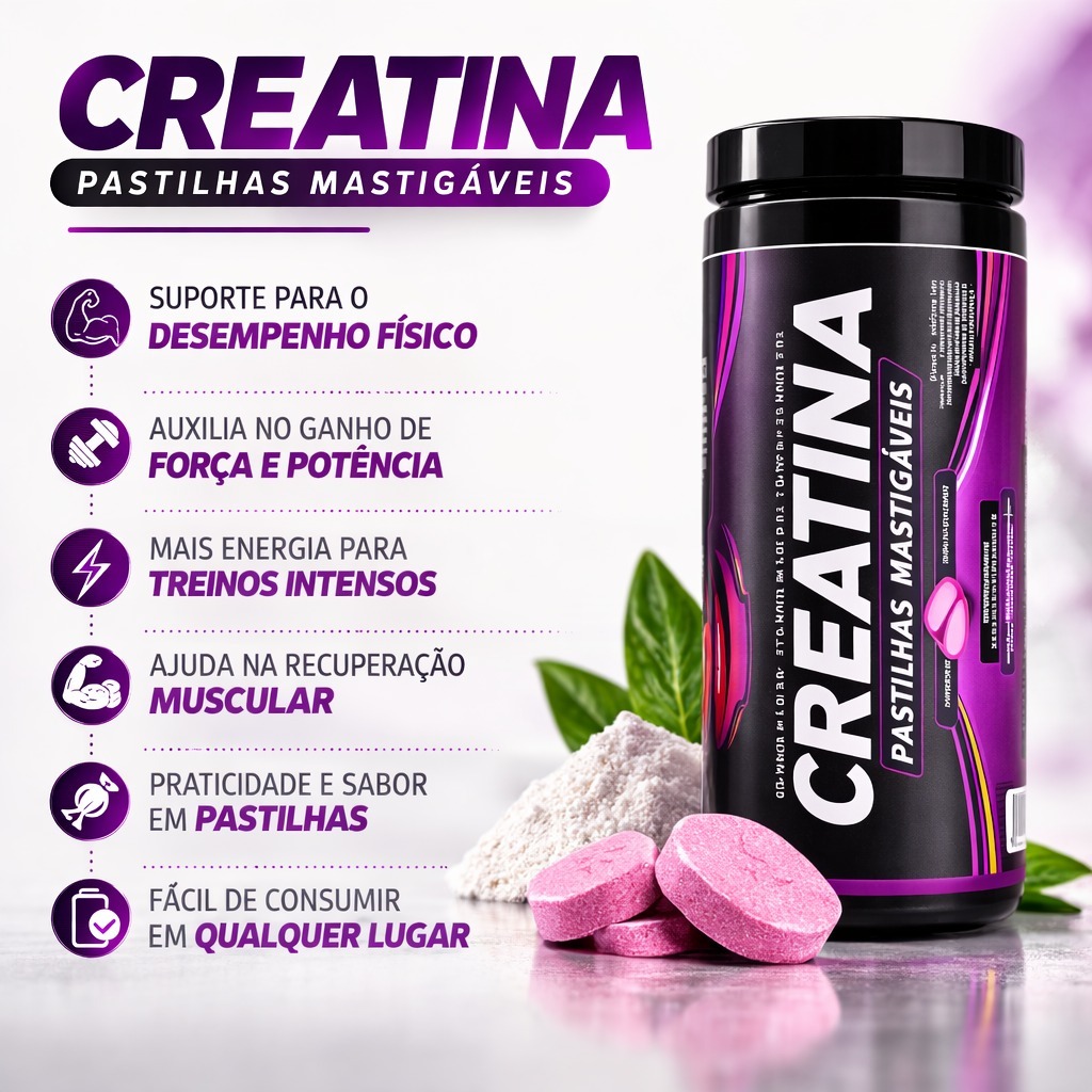 Creatina em Pastilhas Mastigaveis Sabor Chiclete