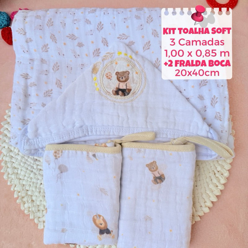Kit Toalhão de banho bebê soft 3 camadas 100x85cm + kit 2 panos de boca 20x40 cm c prend de chupeta