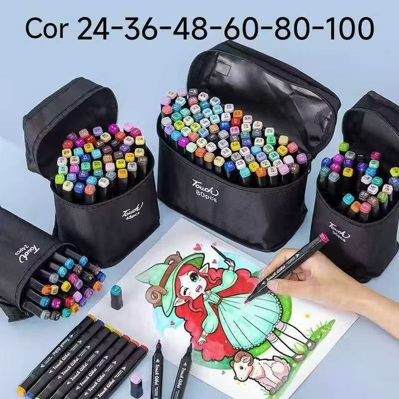 Canetas Marcadoras Dual Tip 24 36 48 60 80 100 Cores Para Desenho Arte Material Escolar + Livro de Colorir
