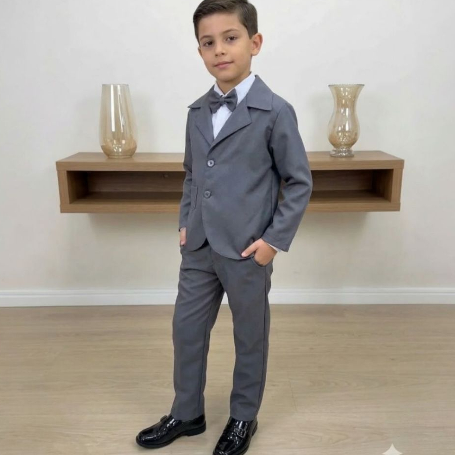 Terno Infantil Cinza Grafite Menino Conjunto Social Blazer Calça Camisa Gravata Festa Casamento