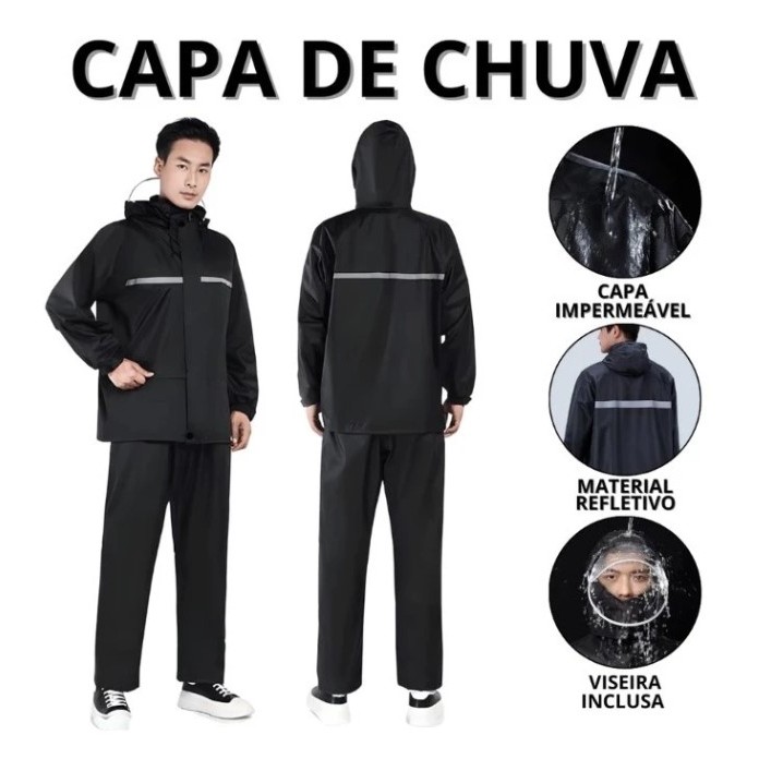 Capa de Chuva Motoqueiro Conjunto Masculino Feminina Adulto Faixa Refletiva Capuz Impermeável (8576)