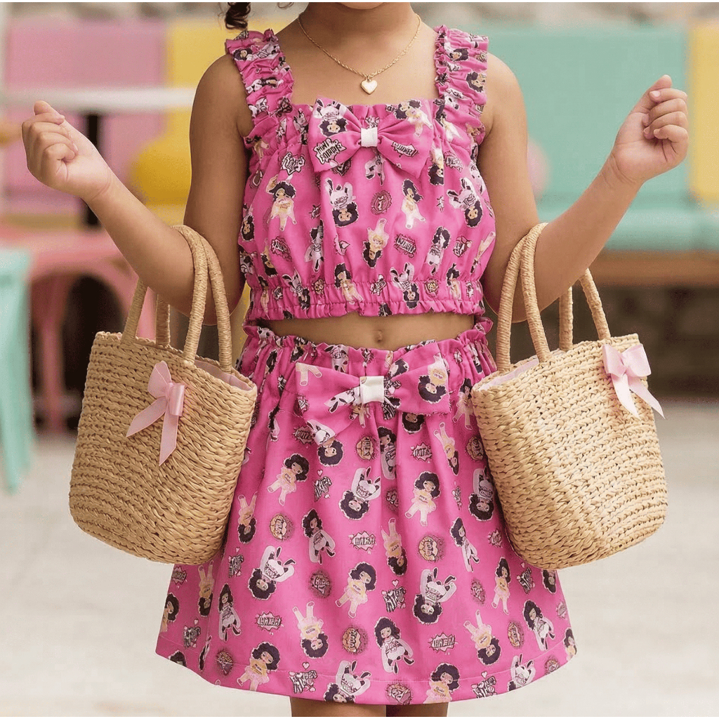 Conjunto Infantil Feminino 2 a 8 Anos  2 Peças Blusa Cropped e Saia Verão Menina