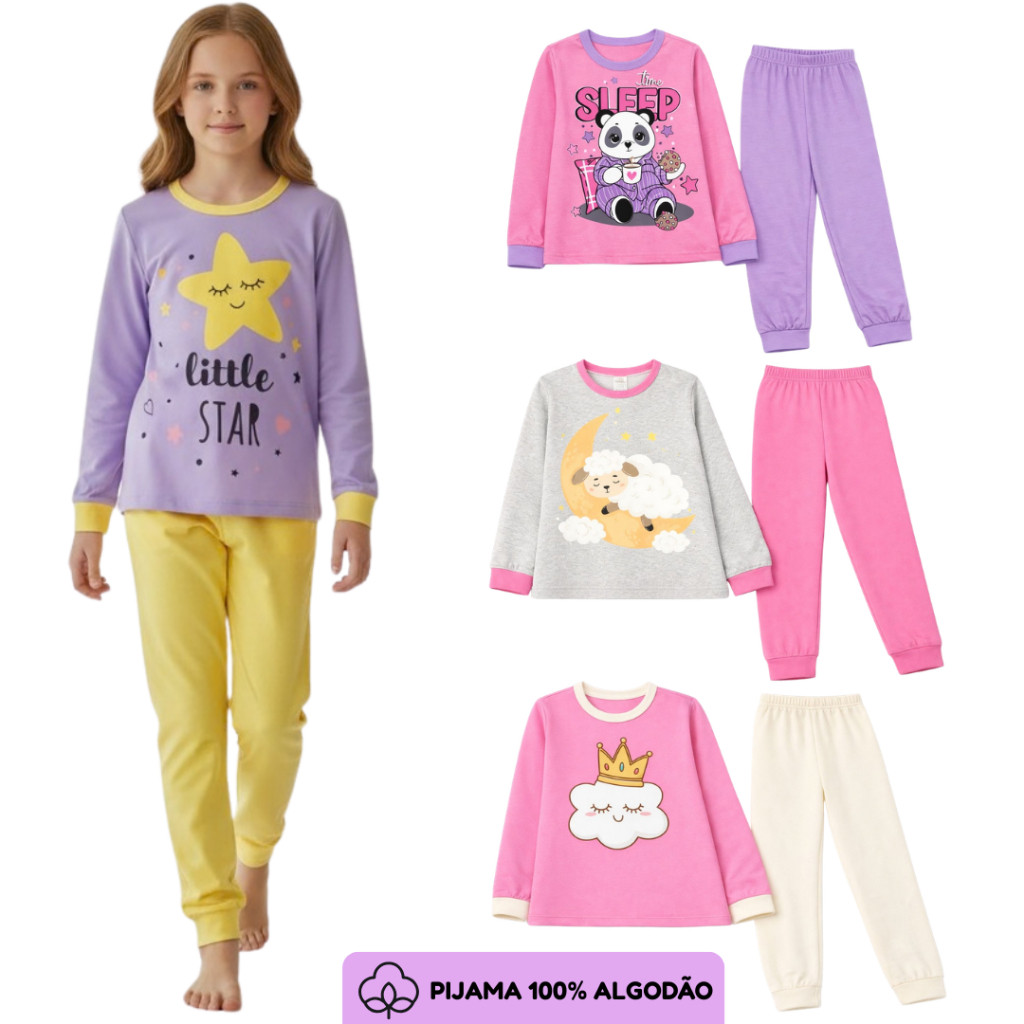 Kit Pijama Juvenil Inverno | Pijama Menina Comprido | Roupa de Dormi Tamanho 1 ao 14 anosPerfeito para garantir noites a