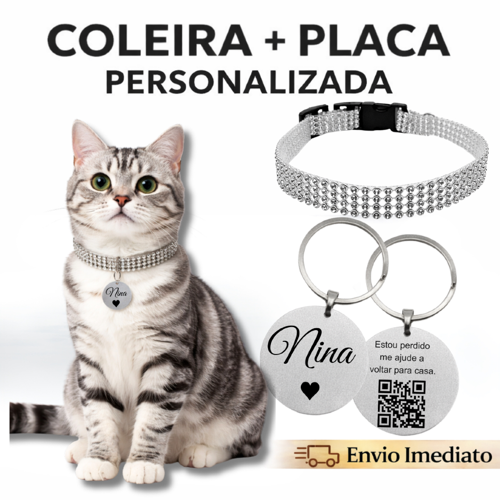 Kit Coleira Pet Gatos Plaquinha Personalizada QR Code Nome Identificação Strass Pingente Resistente em Oferta na Shopee