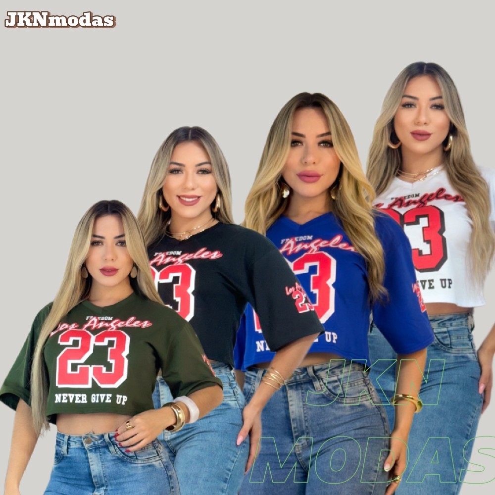 CROPPED oversized feminino de algodão LA23, moda gringa, camiseta colegial americana, cropped gringa