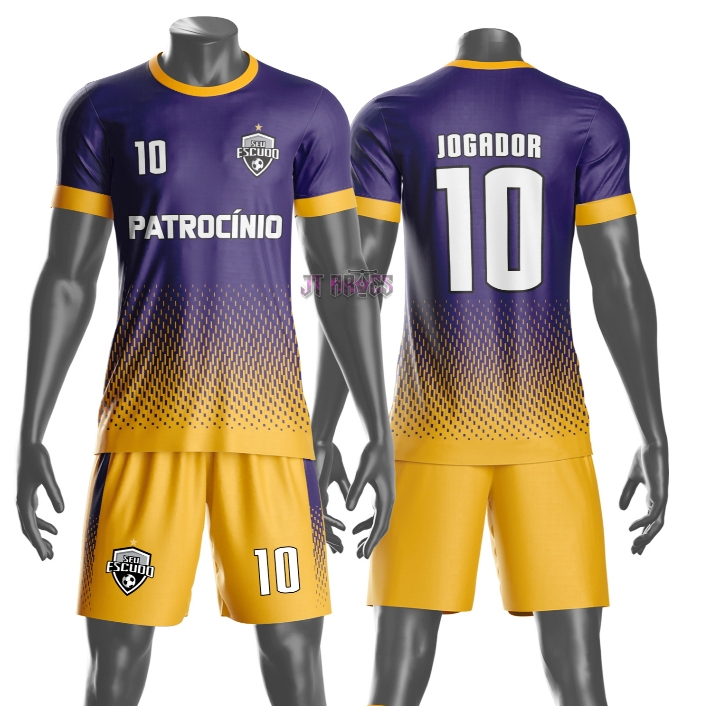 Uniforme jogador futebol amador esportivo camiseta e calção personalizavél nome número escudo mo 103