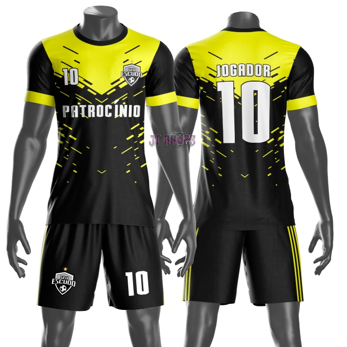 Uniforme jogador futebol amador esportivo camiseta e calção personalizavél nome número escudo mo 208