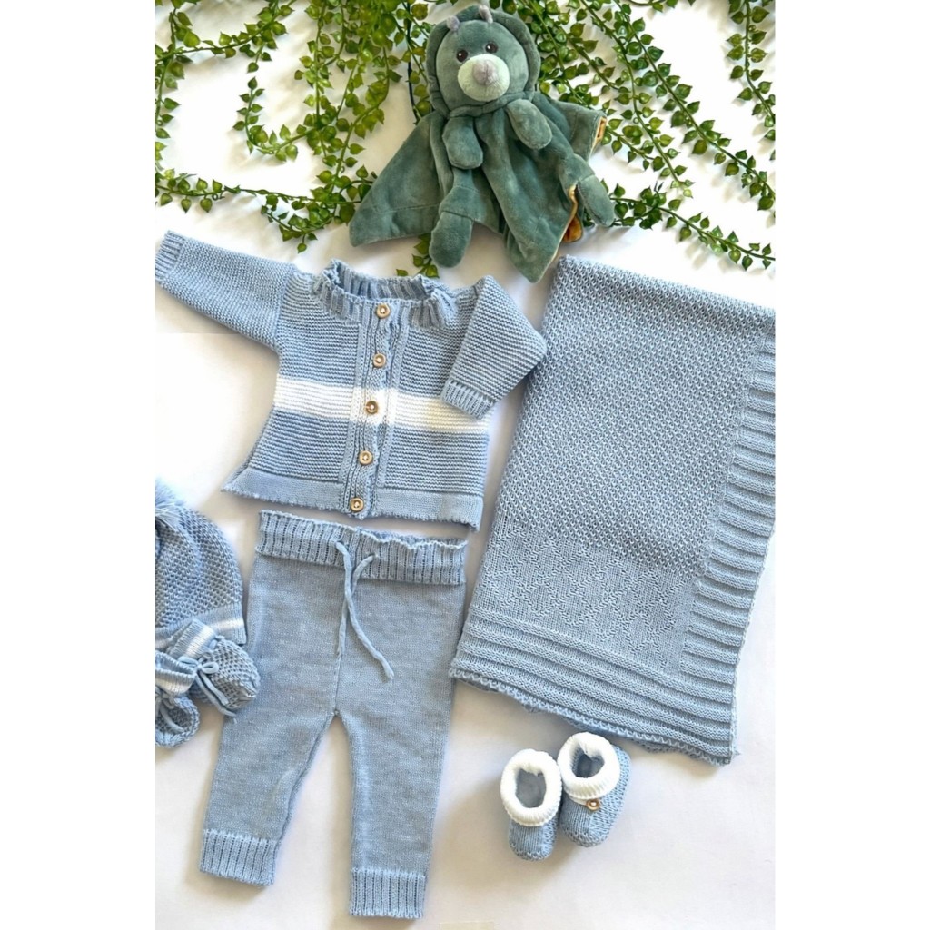 Saída Maternidade para Bebê em tricô  Menino Azul 6 peças em Oferta na Shopee