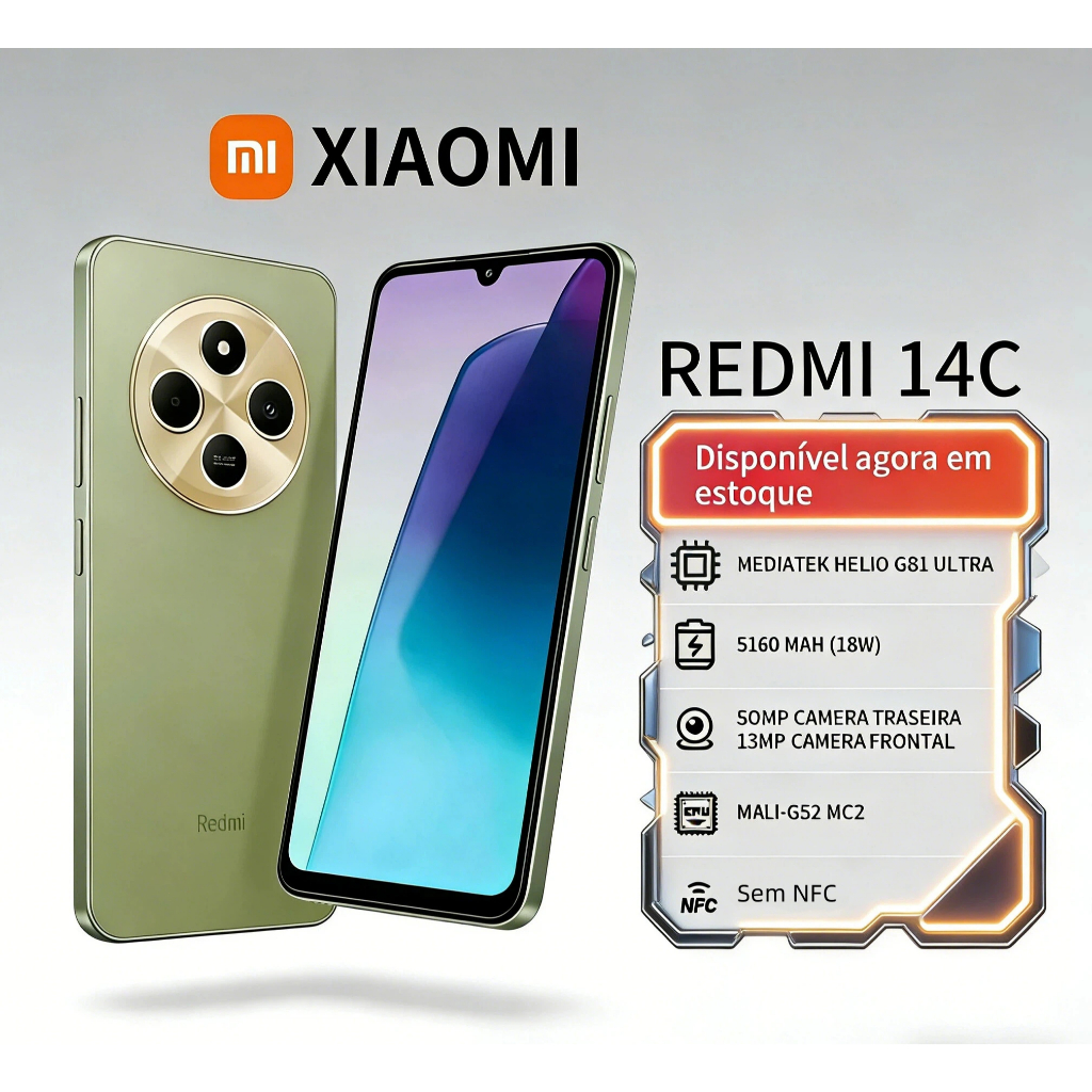 Celular Smartphone Xiaomi Redmi 14C 4/64GB 8/256GB Dual SIM 50MP Câmera Dupla Bateria 5160mAh