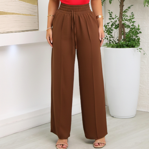 Calça Feminina Pantalona Wide Leg-Cintura Alta, Elástico e Bolso-Tecido Duna — imagem 2 de 2
