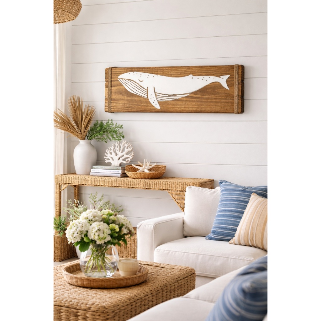 Quadro Marrom Decorativo Baleia Jubarte em Madeira Decoração Náutica Praia