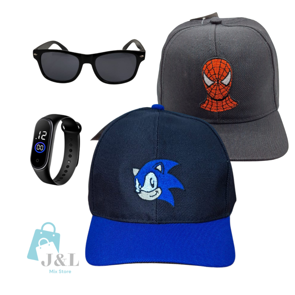 Boné Infantil Bordado Personagens Homem Aranha Sonic Hulk Batman com Óculos de Sol e Relógio de Led meninos