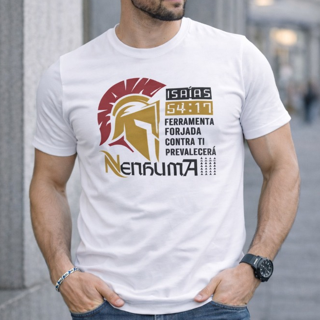 Camiseta Cristã Isaías 54:17 Nenhuma Ferramenta Forjada Contra Ti Prosperará Camiseta Gospel Estampada